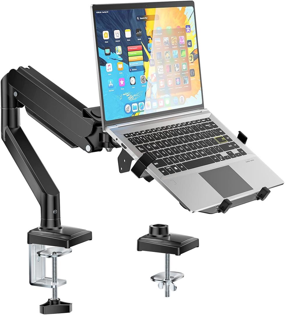 WALI Single Arm Laptop and Monitor Desk Mount for 17" Notebook and Up to 32" Screen, 2-in-1 Adjustable Gas Spring Monitor Arm with Laptop Tray, VESA 75x75 100x100,Holds 22-26.4 lbs, Black (GSMP001NLP)