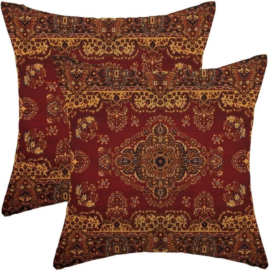 AEIOAE Boho Pillow Covers 20 x 20 Inch Set of 2 Red Gold Bohemian Decorative Throw Pillow Outdoor Linen Square Farmhouse Vintage Retro Carpet Pillowcases for Sofa Couch Home Decor
