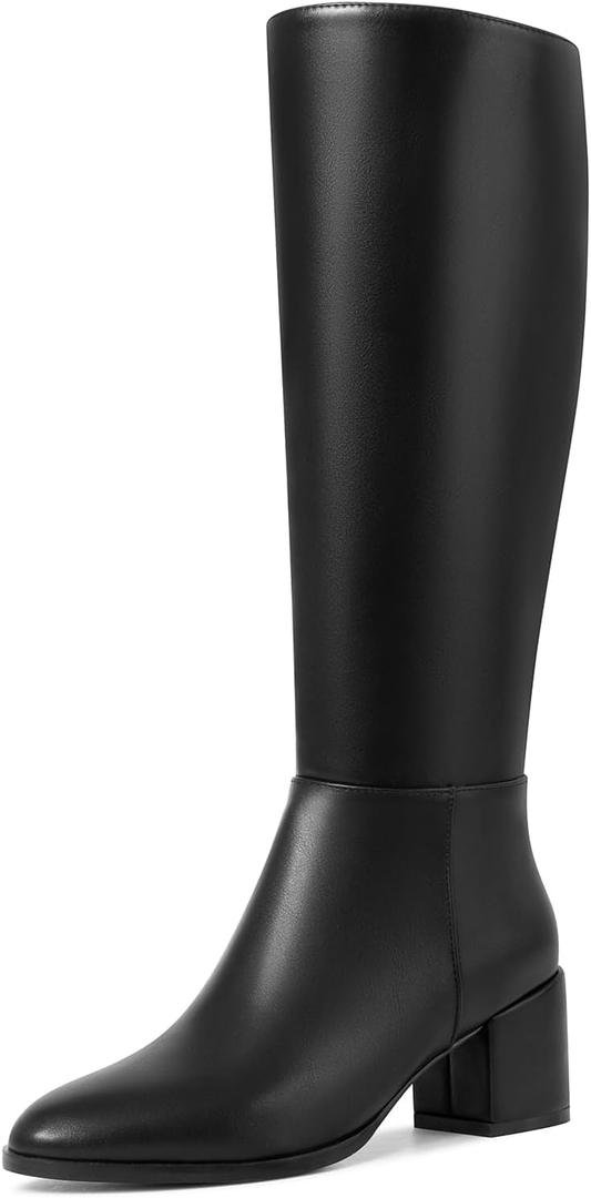 Knee High Boots Women Chunky Heel Round Toe Side Zipper Tall Boots for Women Comfortable Long Boots (Black)