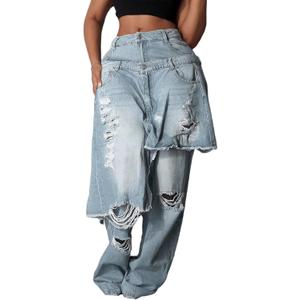 Womens Ripped Jeans Baggy High Waisted Straight Wide Leg Asymmetrical Patchwork Distressed Y2K Denim Pants (Medium, Light Blue)