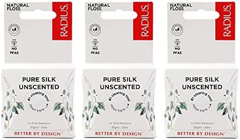 RADIUS Dental Floss, Natural Floss, Unscented Silk, 33 Yards, Compostable & Non-Toxic Oral Care Designed to Help Fight Plaque, Pack of 3