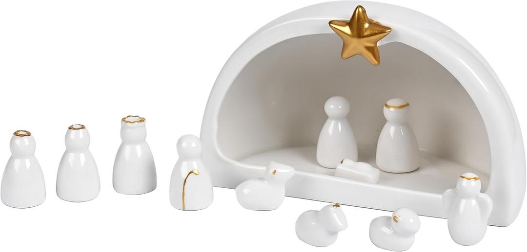 Small Ceramic Nativity Set, 12Pcs White Porcelain Nativity Scenes with Crche, Nativity Figurine Miniature, Modern Nativity Set for Christmas Decor, Simple Tabletop Holy Family Decor