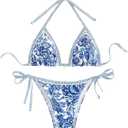 WDIRARA Women's 2 Piece Boho Swimsuits Floral Print Halter String Triangle Bikini Set Beach Bathing Suit (Blue White, Large Plus)