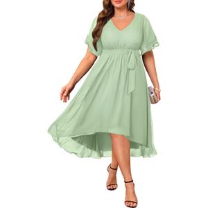 Plus Size Dresses Wedding Guest - Formal Cocktail Chiffon V Neck Short Sleeve High Low Dress Curvy Women (Light Green) 22W