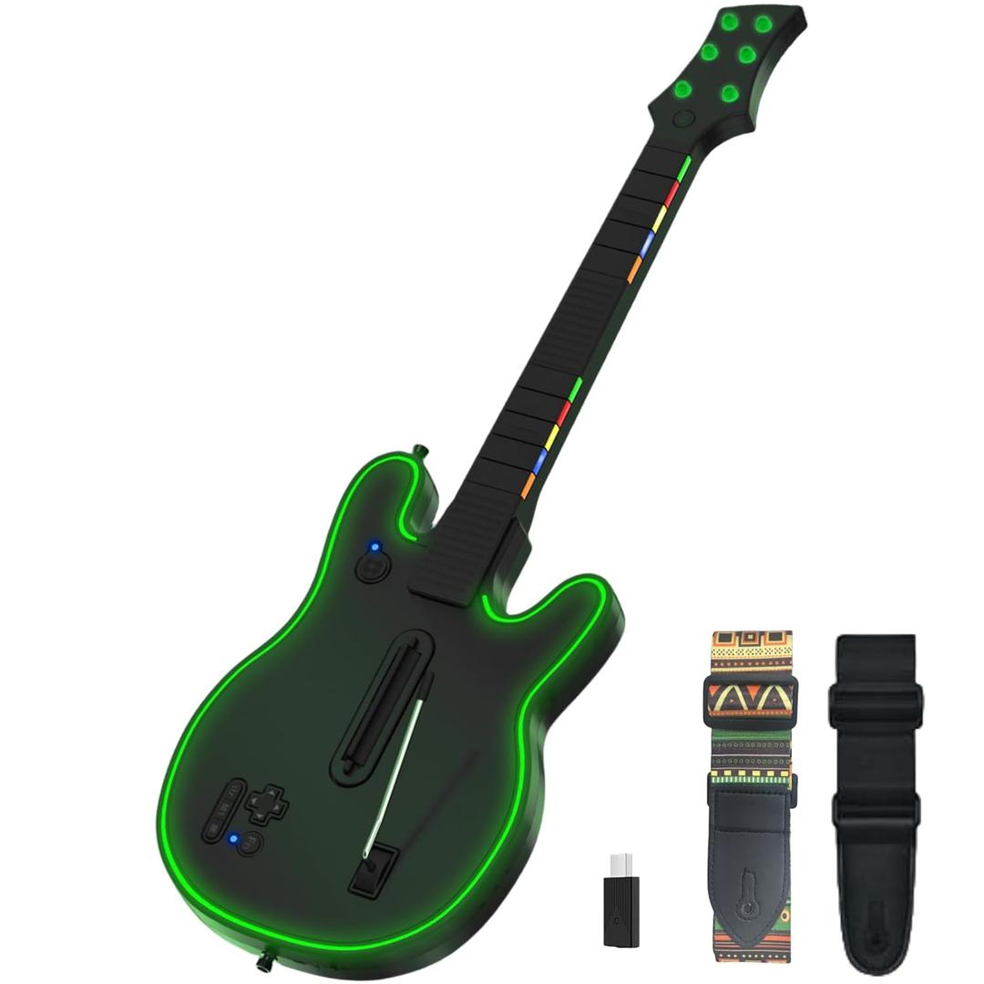 Lyvix Wireless Guitar Controller for PS4/PS3/PC - For Guitar Hero, Rock Band, Clone Hero & Fortnite Festival, with Colorful Strap and RGB Light, Black Colorful
