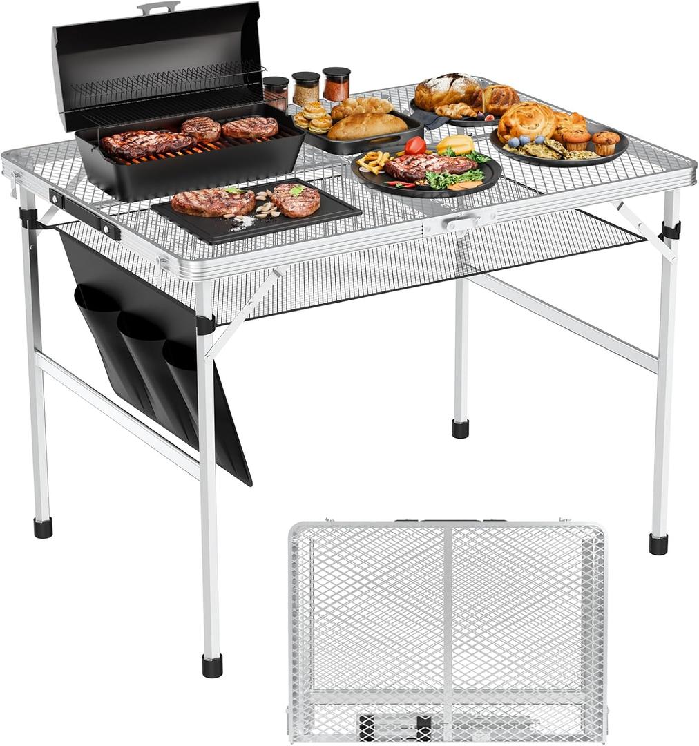 3x2 FT Folding Grill Table, Portable Camping Table for Outside, Adjustable Height Folding Table with Desktop & Mesh Bag, Lightweight Outdoor Table for Camping, Picnic, BBQ, Sliver (3x2FT, Sliver)