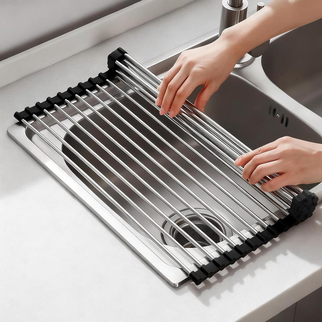 NEZUIBAN Dish Drying Rack with Roll Up and Over Sink for Kitchen,17.5"x15.7",Black