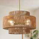 17.7" Boho Rattan Farmhouse Chandeliers for Dining Room,4-Light Hand-Woven Rustic Drum Chandelier Wicker Pendant Light Fixture for Kitchen Island,Bedroom,Living Room,Entryway Foyer