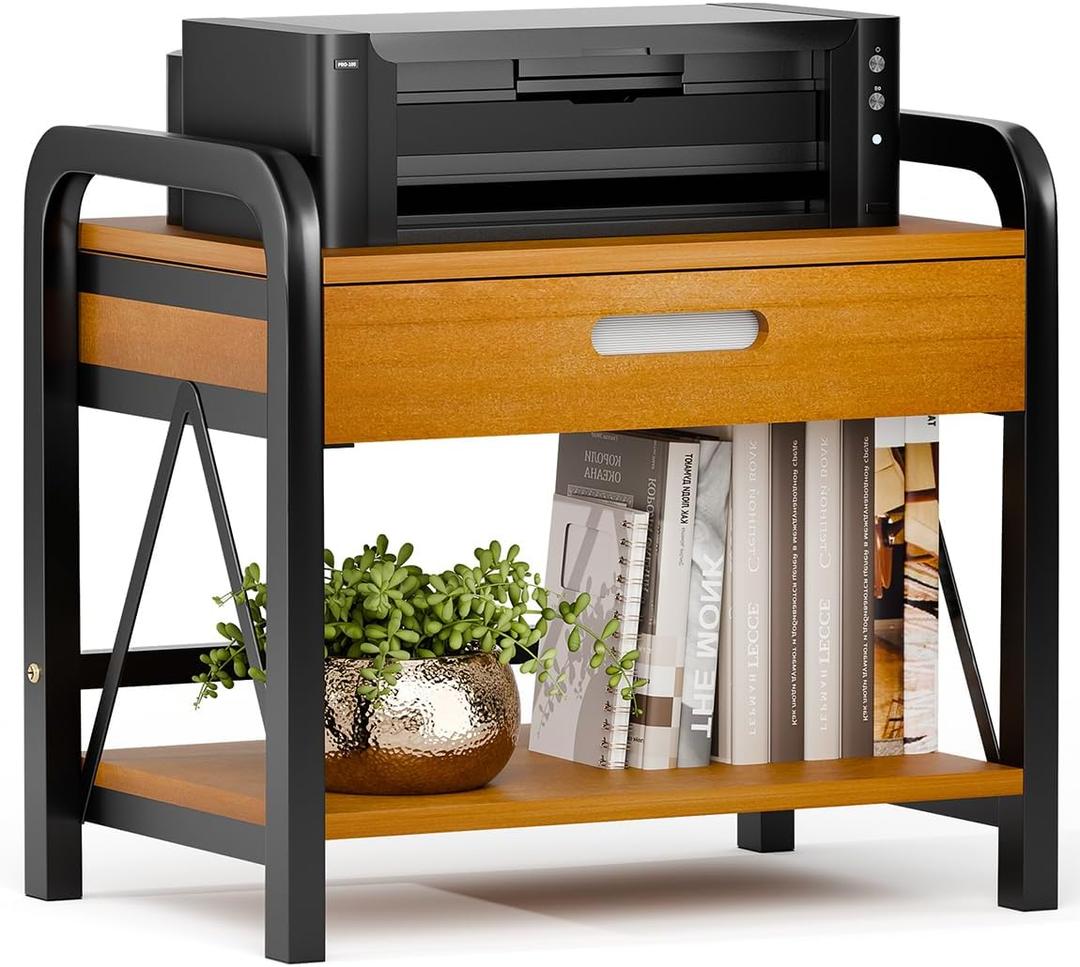 Printer Stand with Storage for Desk, 2 Tier Desktop Printer Table Shelf for Home Office with Wooden Storage Drawer, 15.67" Wide x 11.42" Deep, Multi-Purpose Desk Organizer for Fax Machine, Scanner