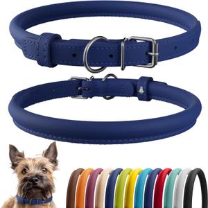 CollarDirect Rolled Leather Dog Collar, Soft Padded Round Puppy Collar, Handmade Genuine Leather Collar Dog Small Large Cat Collars 13 Colors (8-11 Inch, Deep Blue Smooth)