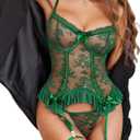 Avidlove Sexy Lingerie for Women Lace Corset and Panty Outfits Sets Push Up Babydoll With Garter Belt Rave Outfits (XX-Large, Lake Green)