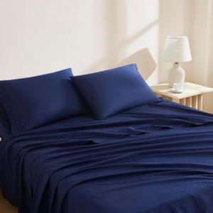 Linen Closet Organic 100% Cotton Queen Sheet 4 Pcs Set, 18 Deep Pocket, Navy | Lightweight, Eco-Friendly Cotton, Percale Softness, Durable & Breathable, Naturally Cooling | All Season Comfort