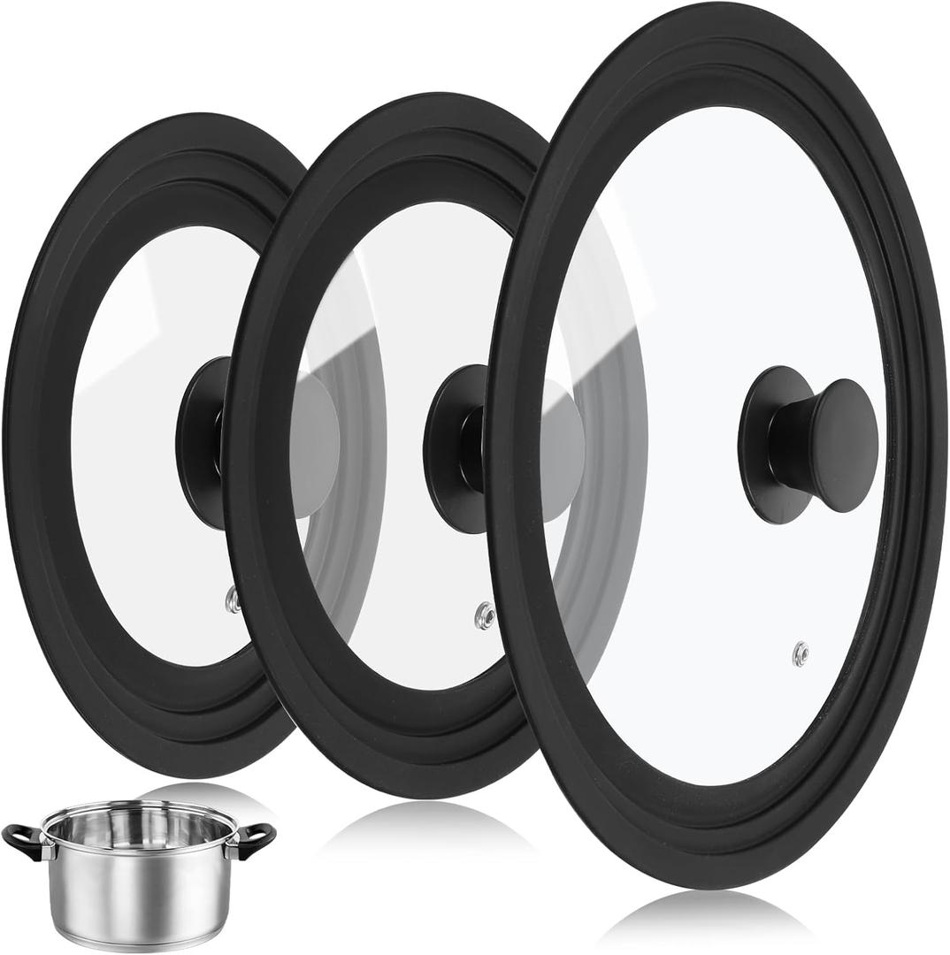 Ptwola 3PCS Universal Pot Lids for Pans and Skillets, Tempered Glass Replacement Cast Iron Frying Pan Cover with Heat Resistant Silicone Rim, Fits All 6" to 12" Diameter Cookware