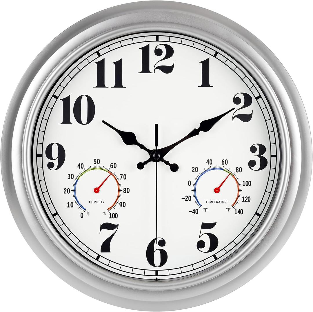 JENLYSTIME 13 Inch Outdoor Clock, Waterproof and Silent, with Thermometer and Hygrometer, Large Numbers for Easy Reading, Perfect for Home, Office, Bedroom, Kitchen, Porch, Garden, Pool (Silver)