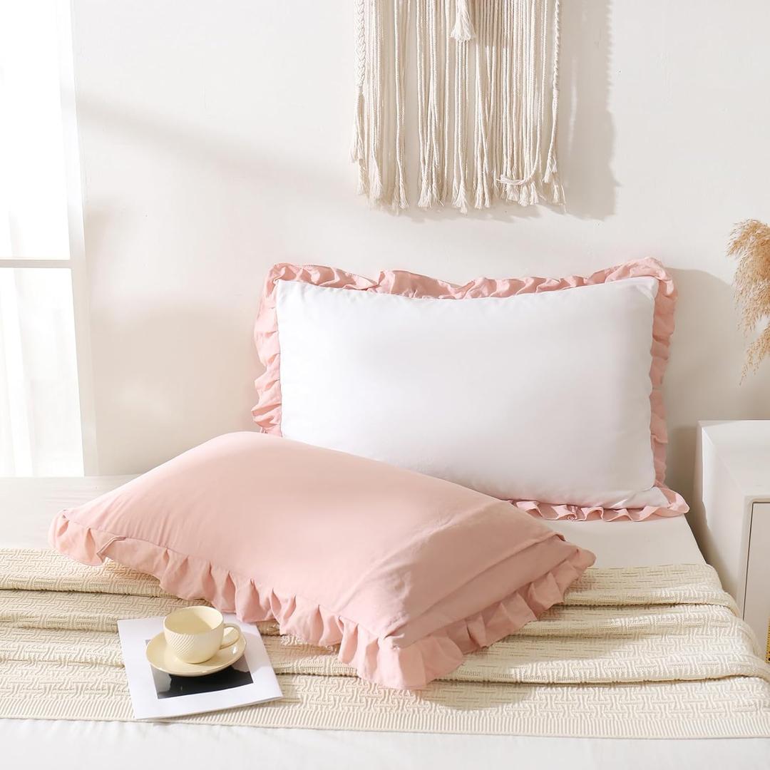 Merryword Pink Pillow Shams White and Pink Reversible Standard Pillowcases Cute Pillow Cover Set of 2 Soft Shabby Chic Ruffled Pillowcases 2 Pack (Queen (20''x30''), White Pink)