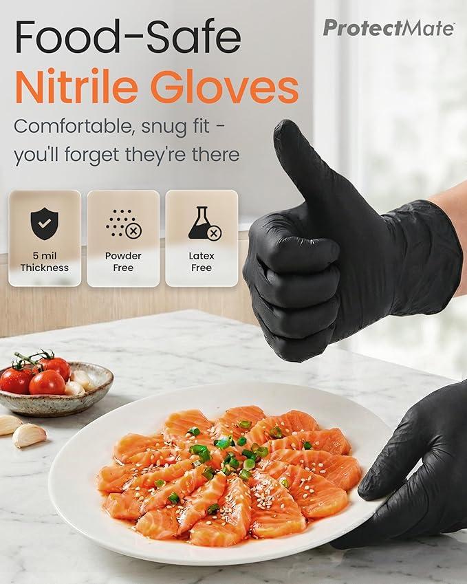 Protectmate 5 Mil Black Nitrile Gloves for Food Prep - Textured Food Prep Gloves - Food Handling Gloves Disposable Latex Free Gloves for Cooking, Catering, Food Service - Medium (Box of 100)