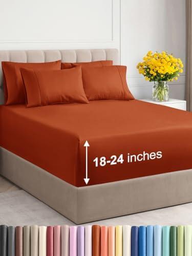 Extra Deep Queen Sheet Set - 6 Piece Breathable & Cooling Sheets - Hotel Luxury Bedding Set with 18-24 Inch Extra Deep Pockets - Easy Fit - Super Soft, Wrinkle Free and Comfy - Terracotta, Queen Size