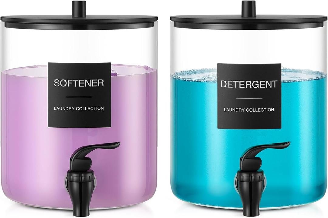 Glass Laundry Detergent Dispenser, 128 oz / 3.5L Fabric Softener Dispenser for Laundry Room Organization, Detergent Holder with Plastic Spigot (Black, 2 Pack)