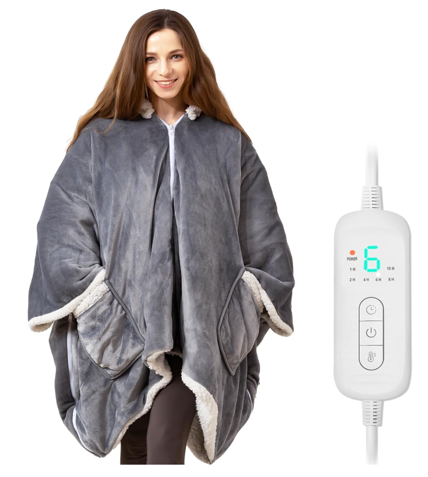 Wearable Heated Blanket Heated Shawl, Electric Throw Blanket with Zipper Design, Hood, Heated Hoodie Blanket with 8 Heat Levels, 1-10H Auto-Off Time Settings, Gift for Family, Friends, 60 * 50"