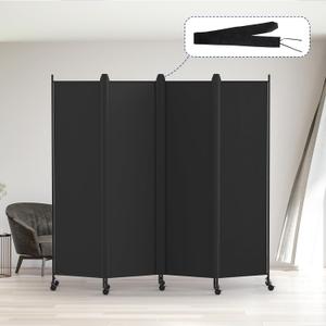 Kokorona 4 Panel Room Divider, 6FT Tall Rolling Privacy Screen with Lockable Wheels, Folding Wall Dividers Portable Room Divider for Room Separation, Included - Cover Strips, Black, 88''W x 70''H