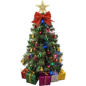 Small Christmas Tree with Lights - 23 Inch Mini Tabletop Christmas Tree with Multi-Color LED Lights, Hanging Ornaments, Decorative Bow and Gift Boxes - Prelit Table Tree for DIY Christmas Decoration