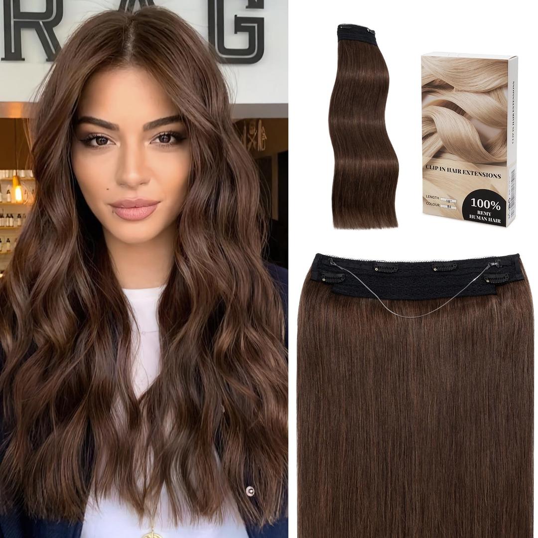 Invisible Wire Hair Extensions Real Human Hair Straight Brown Halo Hair Extensions Thick Adjustable Hidden Fish Line Hair Extension for Women 12 Inch 70g,One Piece#04 Medium Brown