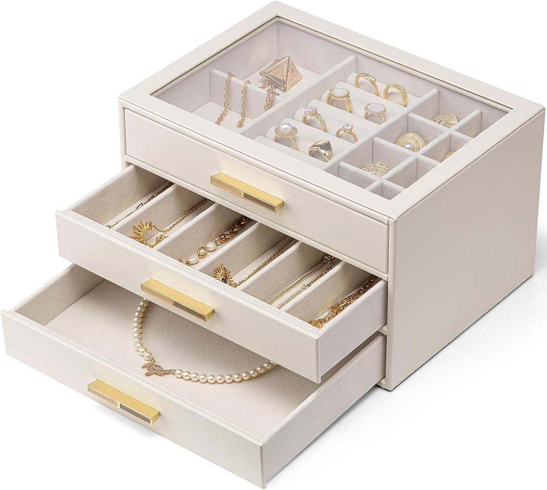 Vlando Jewelry Box for Women Girls,Jewelry Organzier,3 Drawers,Glass Lid Jewelry Organizer Storage for Gem Diamond Necklaces Rings Earrings Bracelets White