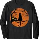 Vintage Scary Halloween Black Cat Costume Retro Moon Cat Mom Long Sleeve T-Shirt, Size XL