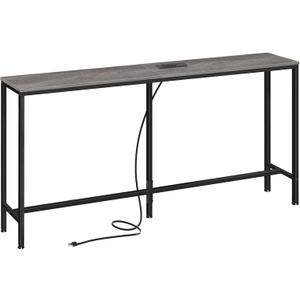 SUPERJARE Console Table with Outlet, 63 Inch Sofa Table with Charging Station, Narrow Hallway Entryway Table, Behind Couch Table Skinny for Entryway, Living Room, Plants, Charcoal Gray (7.9"D x 63"W x 31.5"H)