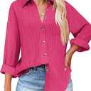HOTOUCH Womens Button Down Shirts Long Sleeve Dress Shirt Textured Collared Work Blouse Dressy Casual Tops with Pocket, L, Hot Pink