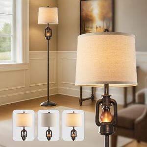 63'' Farmhouse Lantern Floor Lamp for Living Room with 2 Light Sources, Rustic Vintage Resin Tall Standing Lamp with Glass Night Light for Bedroom Office Study Room, Bulb Included (Bronze)