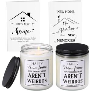 2 Pack Home Housewarming Scented Candle with 2 Greeting Cards Funny New House Warming Gift Ideas Funny Moving Away Present for Apartment, Neighbor, Homeowners