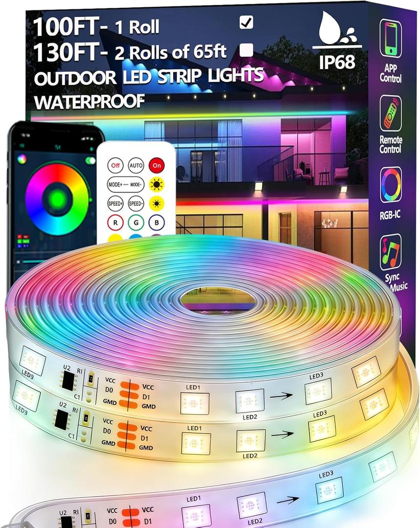 100FT Outdoor LED Strip Light Waterproof,IP68 Outside RGB+IC Light Strip with App/Remote Control,Chase Mode,Music Sync Light for Balcony,Deck,Rooftop, Garden, Pool