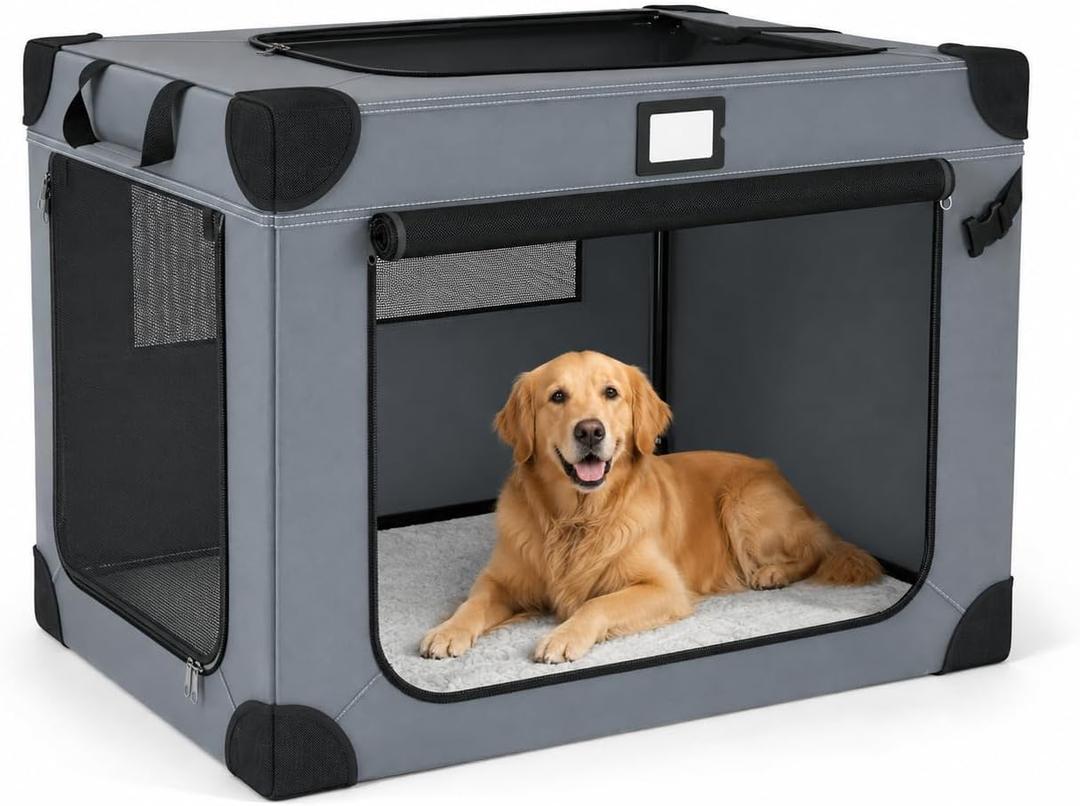 36 Inch Collapsible Soft Dog Crates with 3-Door & Mesh Windows for Travel Sturdy Metal Frame，Indoor & Outdoor，Soft Blanket and Foldable Bowl,Storage Bag,Signature Card,Waterproof,Portable for Camping, Blue-L
