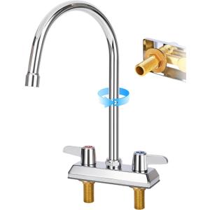 Commercial Bar Sink Faucet,4 Inch Center Deck Mount Utility Sink Faucet 2 Hole Brass Constructed,Chrome Polished with 7" Gooseneck Spout and 90Rotatable Dual Lever Handles.