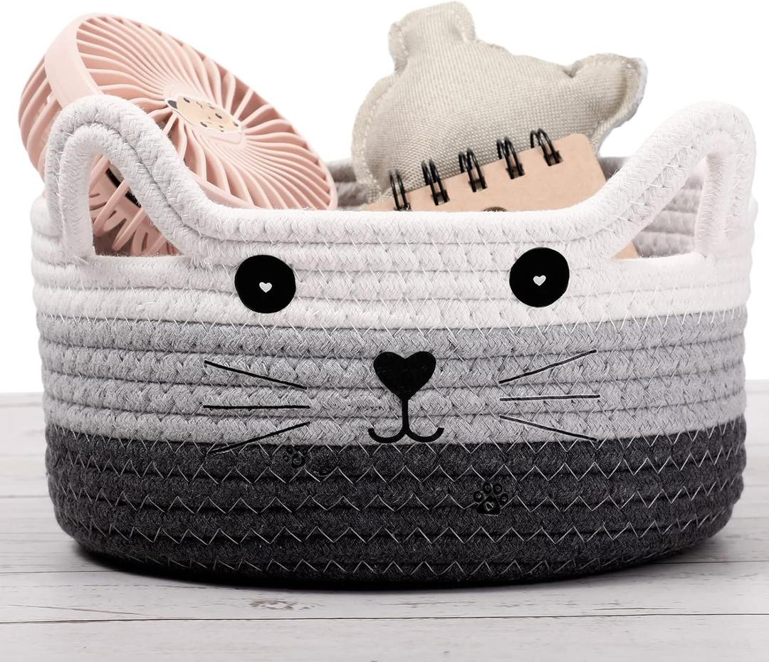 Zopeal Cat Basket Storage Woven Organizer with Ears Easter Decorative Gift Pet Toy Cute Cotton Rope Basket for Gift Cat Dog Toy Bin Nursery Room(8.3 x 4.7 Inch,White, Light Gray and Gray)