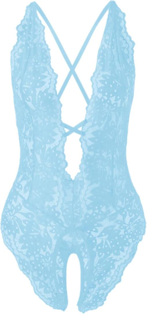 SOLY HUX Women's One Piece Lingerie Sexy Lace Babydoll Deep V Teddy Criss Cross Backless Teddy Mini Bodysuit (M)