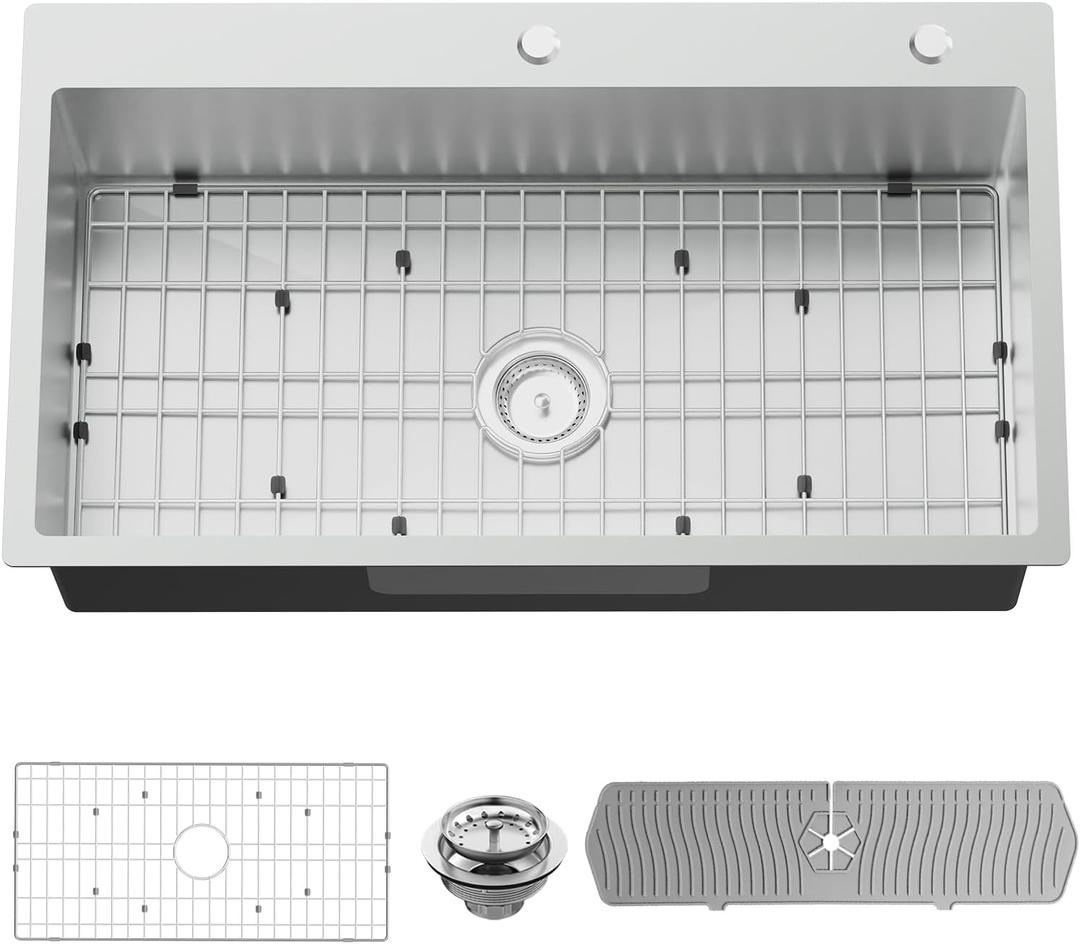 Kitchen Sink, 33x19 Inch Stainless Steel Drop In Modern Large Single Bowl Topmount Kitchen Sink Gift Combo-SS Grid,Silicon Mat, Drain Strainer Set Compatibility With Various Kitchen&Bar Style