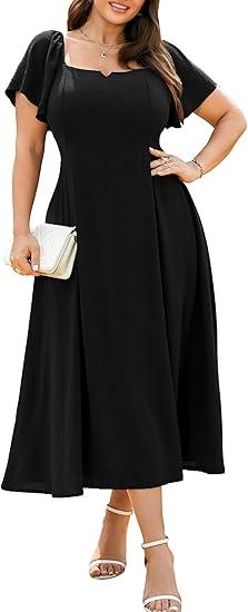 RWJ Plus Size Dresses for Women Formal Cocktail Elegant V Neck Short Sleeve Summer Wedding Guest Maxi Dress with Pocket, Large Plus