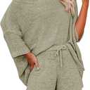 Ermonn Womens 2 Piece Outfits Sweater Sets Off Shoulder Knit Tops Waist Short Suits Casual Pajama Set (XX-Large, Green)