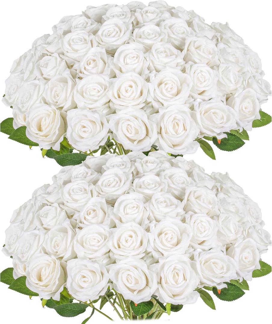 50 PCS Fake White Roses, Artificial White Flowers Bulk Realistic Silk Faux Roses with Stems for Wedding Decorations Table Centerpieces Bridal Bouquet DIY Floral Arrangement Event Party Home Decor