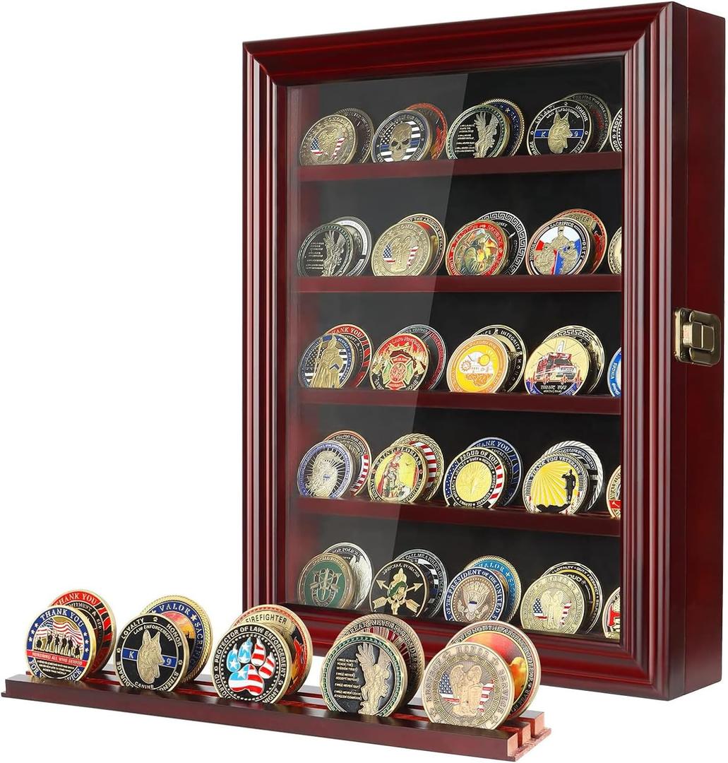 Military Challenge Coin Display Case Holder with HD Toughened Glass and Wall Mount, Wooden Coin Stand Rack with Removable 2 Grooves Shelves, Mahogany Finish