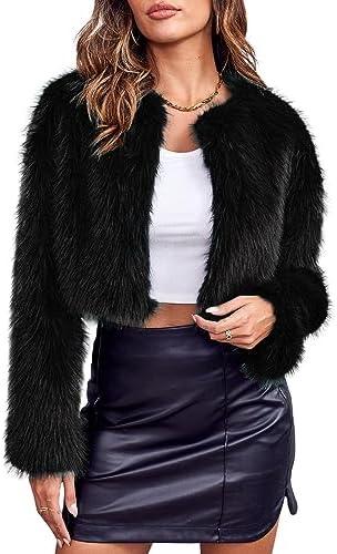 Danedvi Women's Fashion Cropped Faux Fur Jacket Long Sleeve Open Front Cardigan Casual Fluffy Parka Shaggy Short Coat Black, Medium