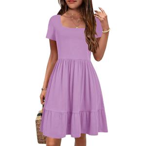 YOVION Girls Summer Dress Square Neck Short Sleeve Casual Loose Ruffle Tiered Dresses with Pockets for 8-9 Y (Purple)