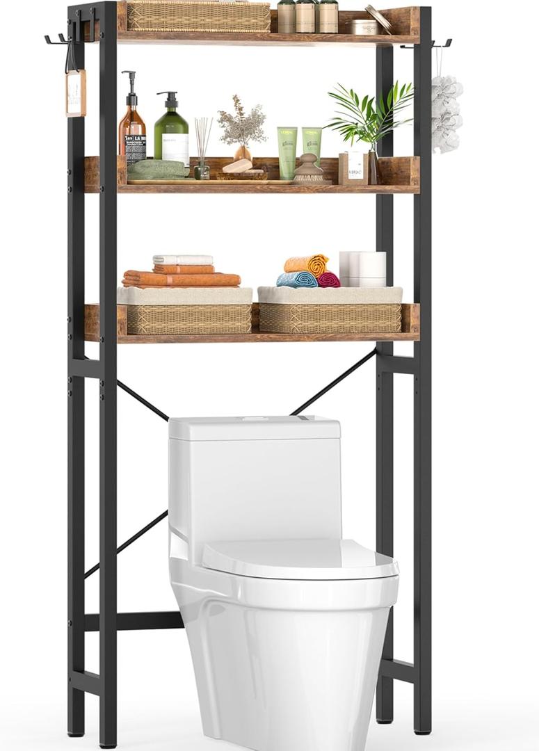 Over-The-Toilet Storage Rack, 3-Tier Bathroom Organizer Shelf Over Toilet, Freestanding Space Saver Toilet Stands with 4 Hooks, Rustic Brown