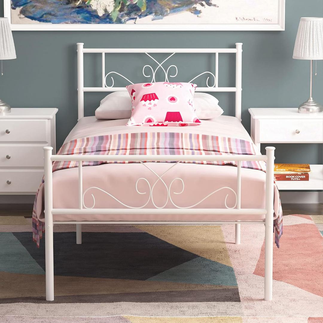 Weehom 11.2 Inch Twin Size Metal Bed Frame with Headboard Platform Bed Steel Slat Support Mattress Foundation Easy Assembly White