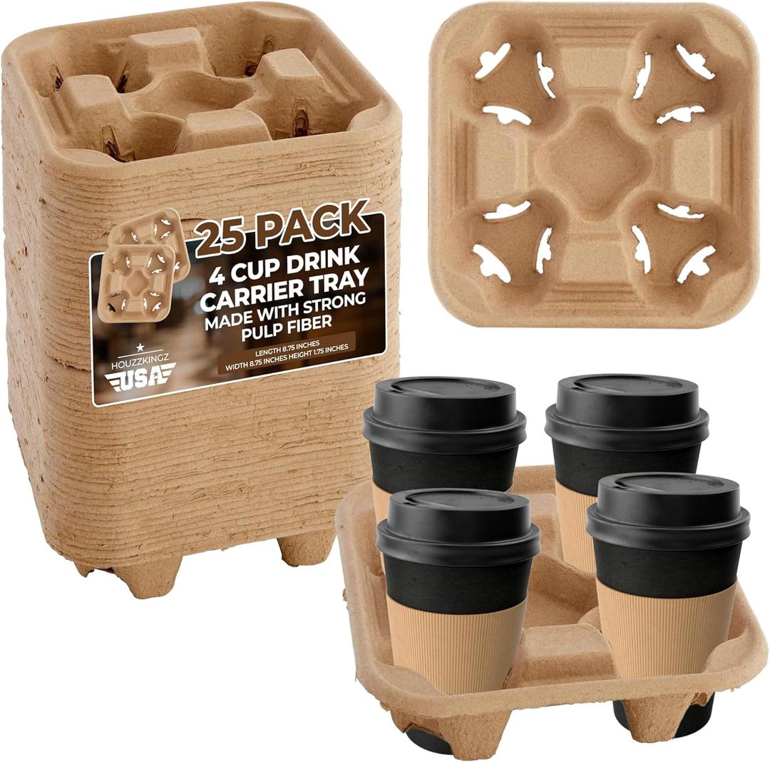 4 Cup Holders Drink Carrier 8-32 oz | 25 Cup Holder Tray Drink Carrier for Delivery Drinks Hot and Cold Beverages To Go Disposable Compostable Pulp Fiber Restaurant Supplies, Coffee Shops, Uber Eats