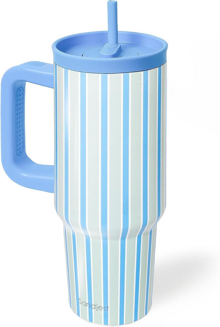 SANDJEST Stripe Stainless Steel Locking Lid Silicone Straw Tumbler with Handle 40oz, Insulated Stainless Steel Travel Cup for Women Girls Friends, Gift Idea for Birthday Summer Vacation (Blue Mint)