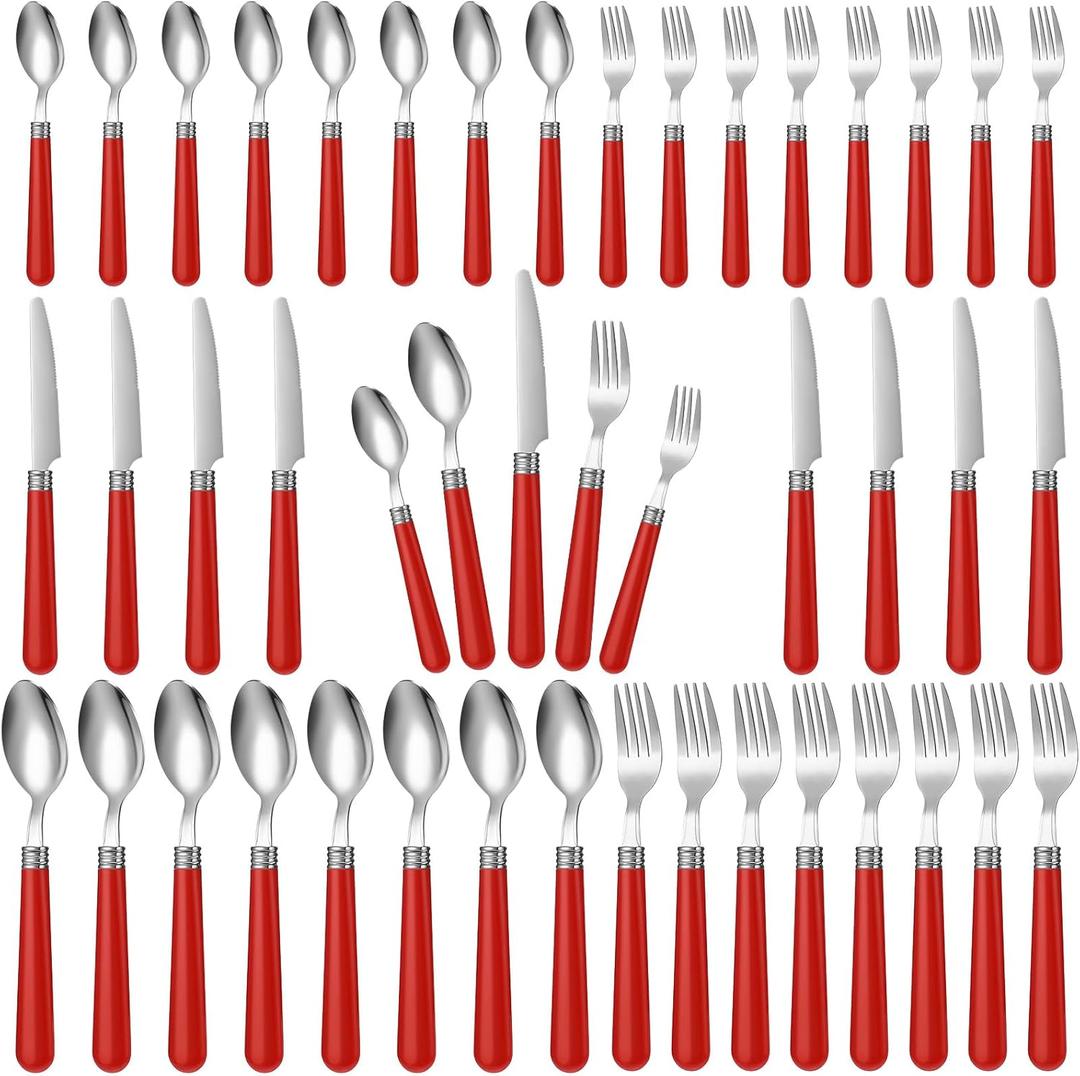 Sabary 40 Pcs Handle Silverware Stainless Steel Sets for 8 Flatware Cutlery with Colored Handles 8 Dinner Knife, 8 Dinner Fork, 8 Salad Fork, 8 Dinner Spoon, 8 Dessert Spoon for Home(Red)