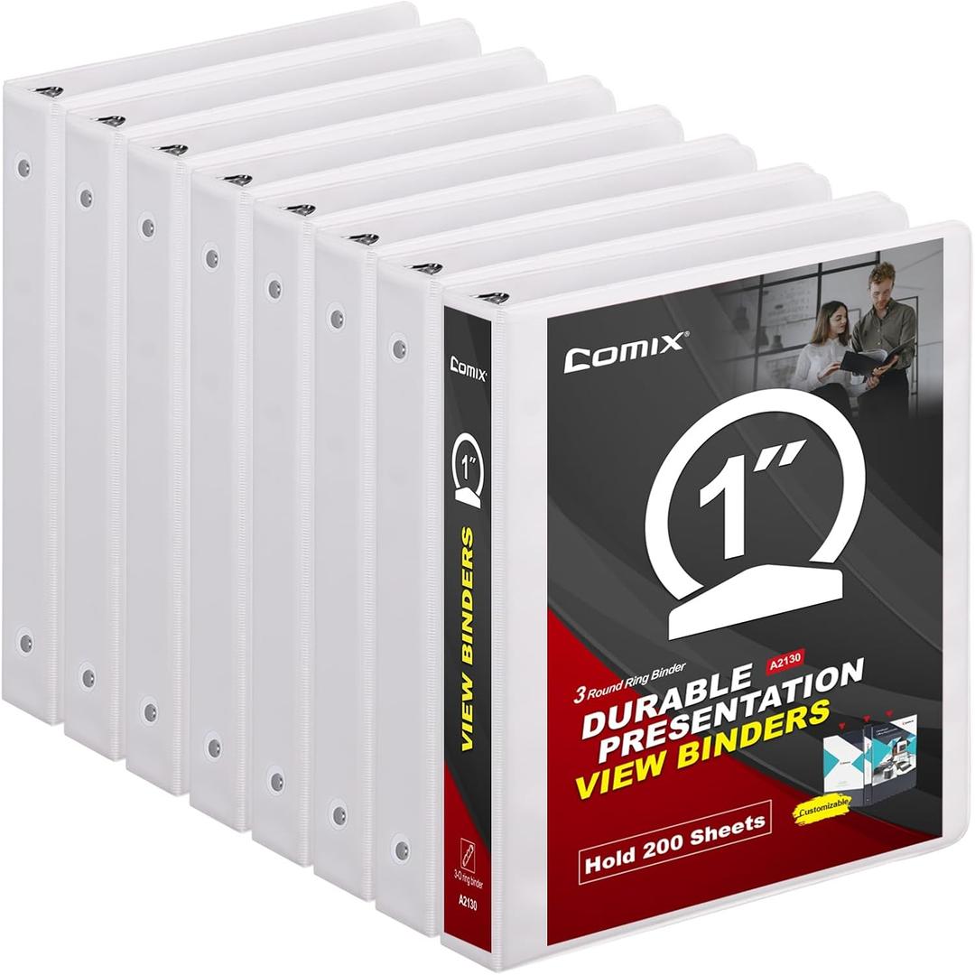 COMIX Sturdy 3 Ring Binder 1 inch with Clear View Cover, 1" Round Ring View Binder, PVC-Free, 2.4mm-Thick, 200 Sheets Capacity of US Letter Size Paper, Office School Supplies, 8 Pack (White)